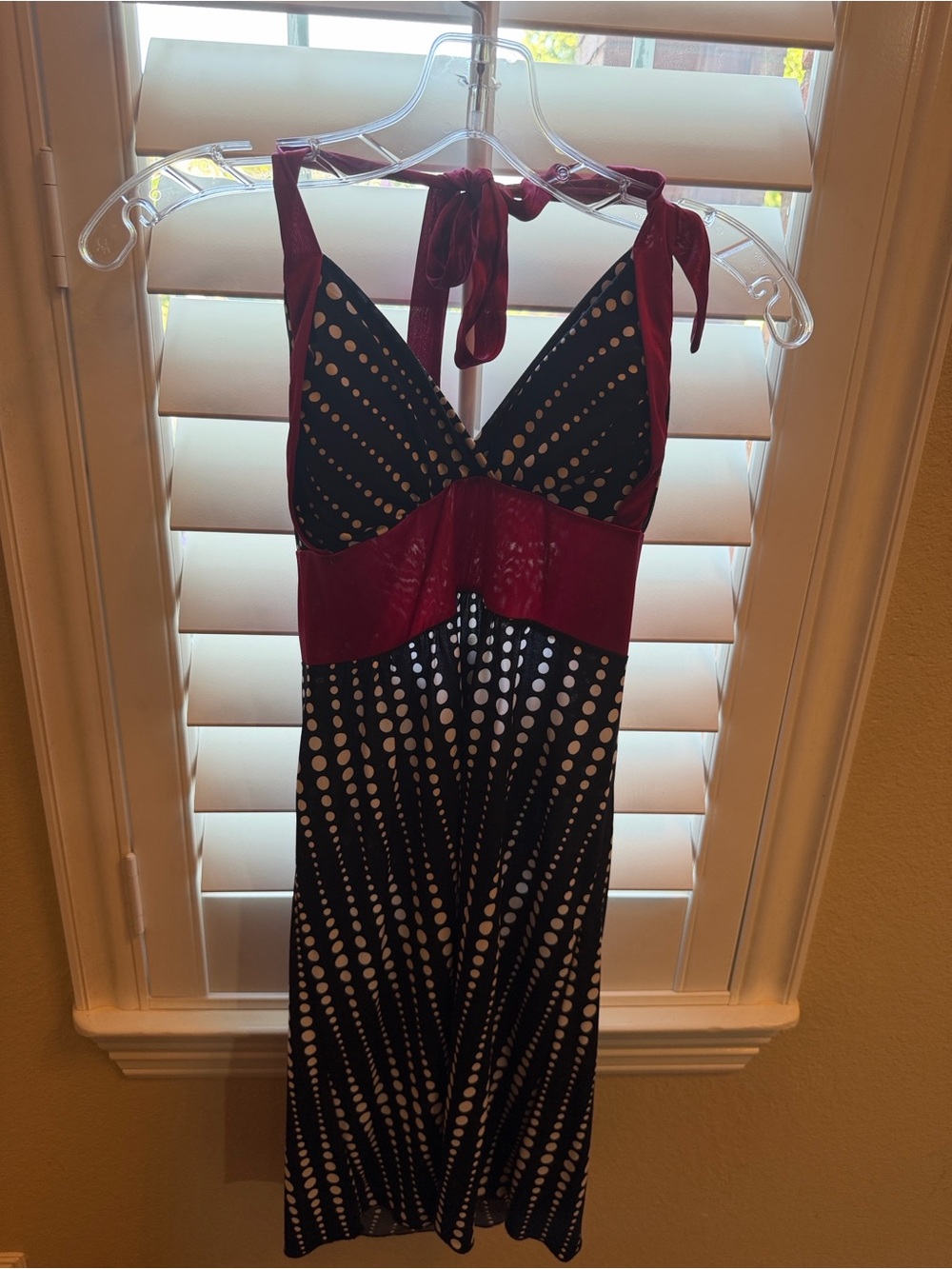Hot Kiss Black Polka Dot One-Shoulder Dress with Burgundy Accents